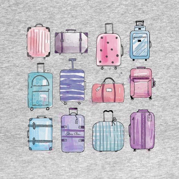 Watercolor luggages | baggages | bags. Hand drawn with ink and watercolos by RenattaZare